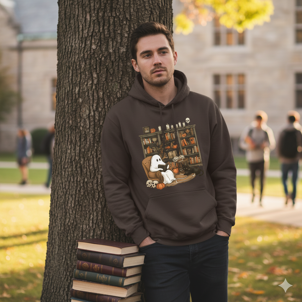 Young college youth wearing a dark brown chocolate hoodie with a graphic design of a cute ghost reading in a library, leaning against a tree in an outdoor setting.