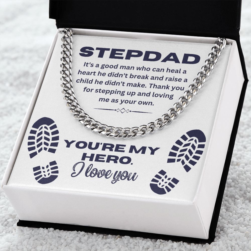 Stepdad Hero Necklace - Cuban Chain with "You're My Hero" Message