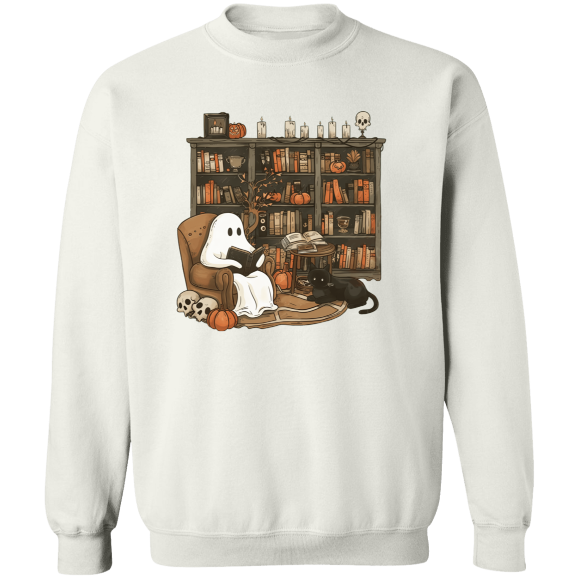  graphic t-shirt with an illustration of a ghost character reading a book, set against the backdrop of a bookshelf with various books and decorative items.