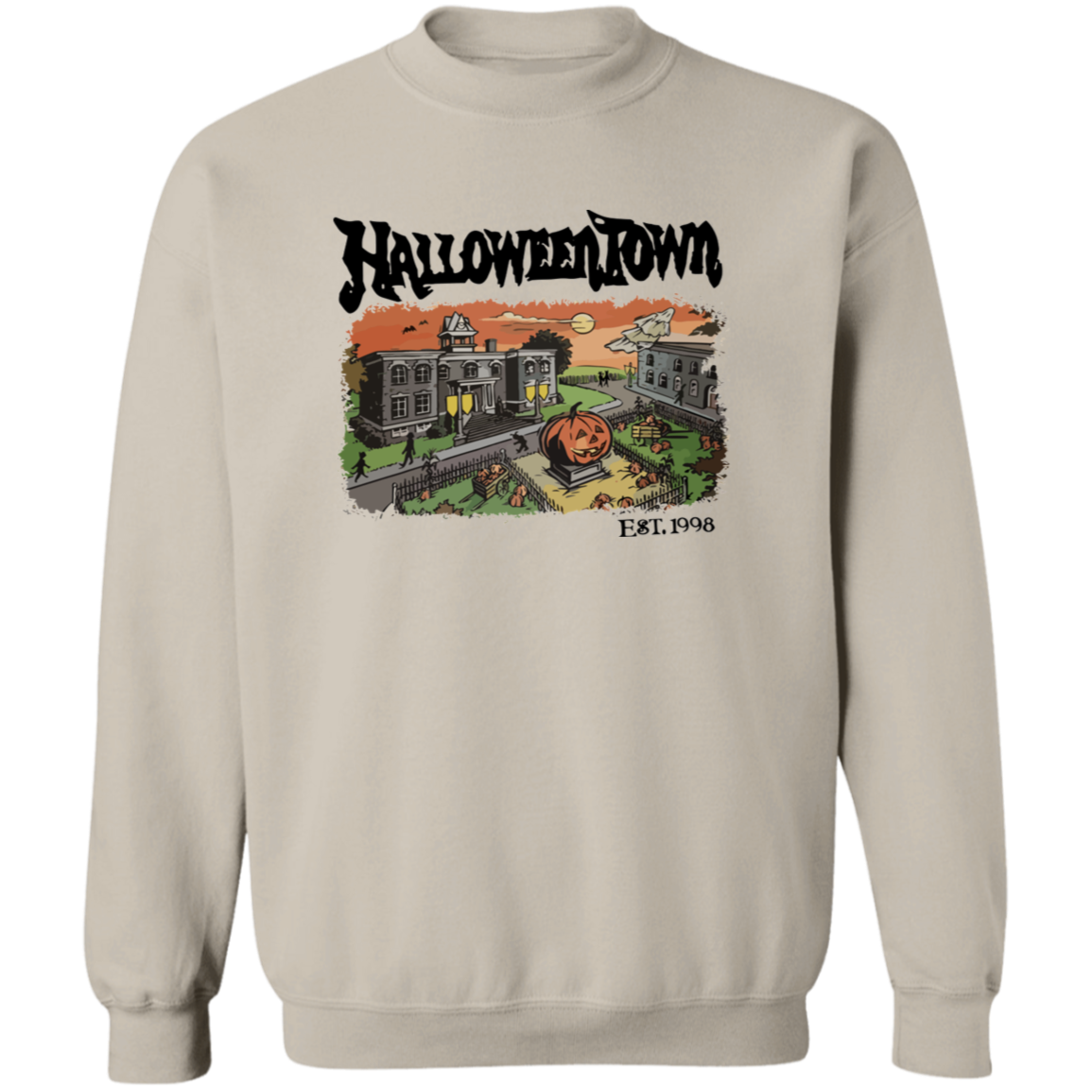 A gray unisex t-shirt with a graphic print of Halloweentown, featuring a cartoonish town and the text 'Halloweentown I.A.