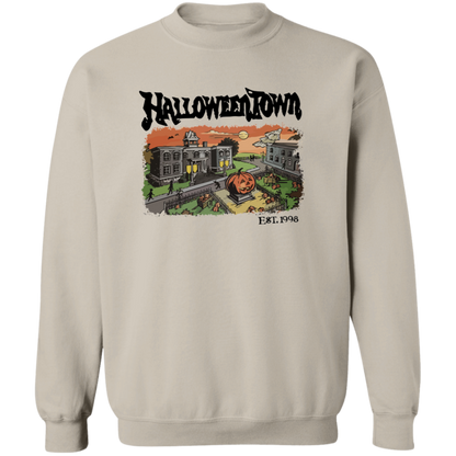 A gray unisex t-shirt with a graphic print of Halloweentown, featuring a cartoonish town and the text 'Halloweentown I.A.