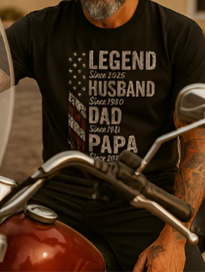 Legendary Husband Dad Papa Milestones American Flag Unisex T-Shirt | Perfect Gift for Proud Fathers & Grandpas