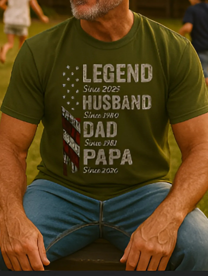 Legendary Husband Dad Papa Milestones American Flag Unisex T-Shirt | Perfect Gift for Proud Fathers & Grandpas