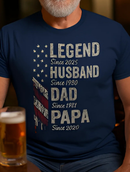 Legendary Husband Dad Papa Milestones American Flag Unisex T-Shirt | Perfect Gift for Proud Fathers & Grandpas