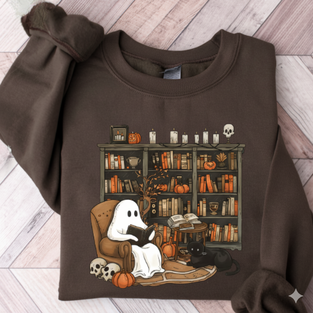 Dark chocolate brown sweatshirt with cute ghost reading in library design on it folded and showing cuffs rolled up.