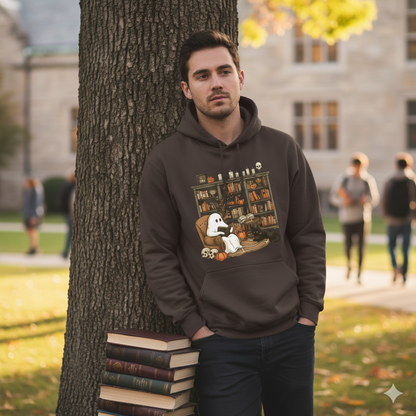 Young college youth wearing a dark brown chocolate hoodie with a graphic design of a cute ghost reading in a library, leaning against a tree in an outdoor setting.