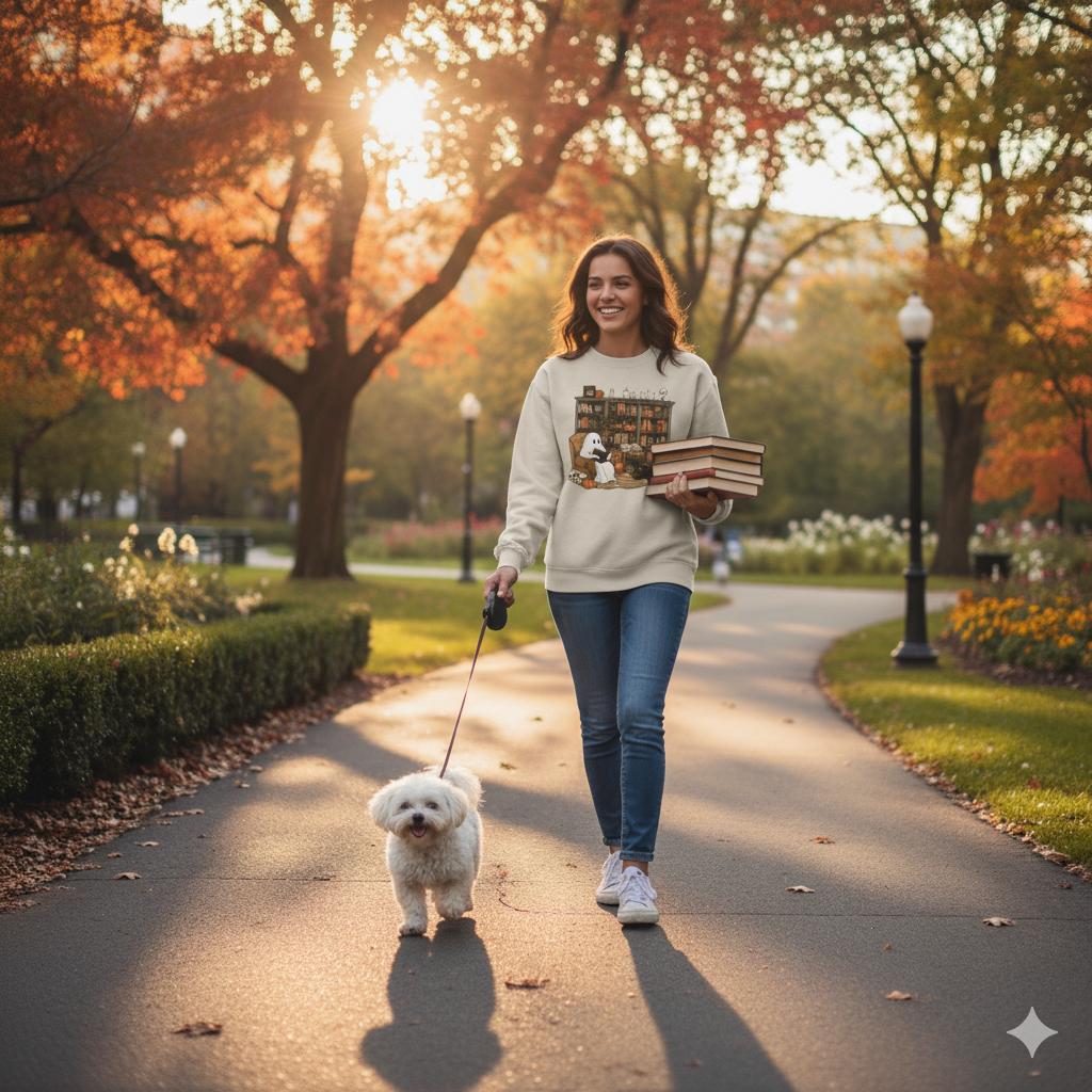 Woman, wearing sand-colored sweatshirt with cute ghost reader design in library, walking a small white dog in a park during autumn.