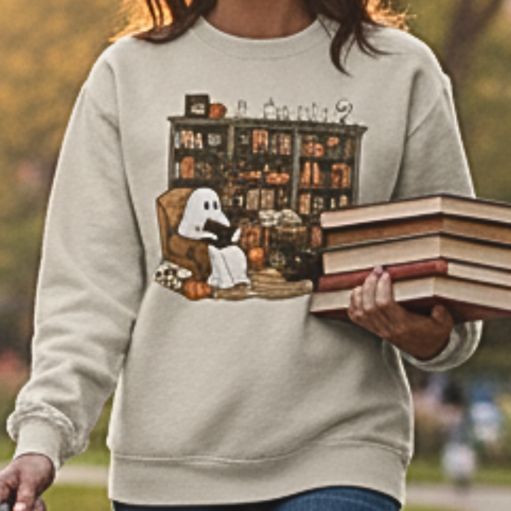 Person wearing a sweatshirt with a ghost reading a book design, holding books outdoors.