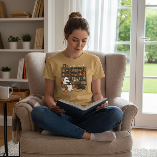 Woman reading a book in a cozy living room wearing a yellow t-shirt with a graphic design.