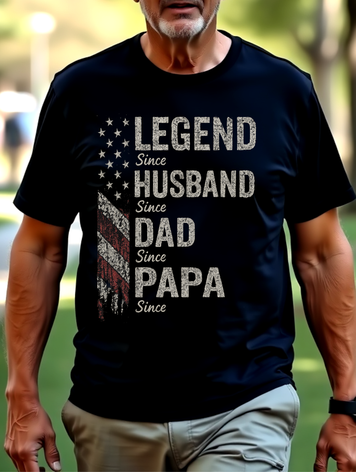 Legendary Husband Dad Papa Milestones American Flag Unisex T-Shirt | Perfect Gift for Proud Fathers & Grandpas