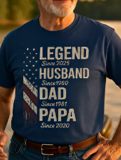 Legendary Husband Dad Papa Milestones American Flag Unisex T-Shirt | Perfect Gift for Proud Fathers & Grandpas