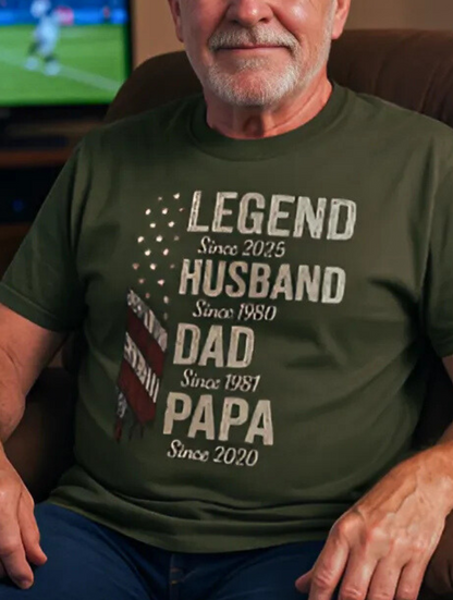 Legendary Husband Dad Papa Milestones American Flag Unisex T-Shirt | Perfect Gift for Proud Fathers & Grandpas