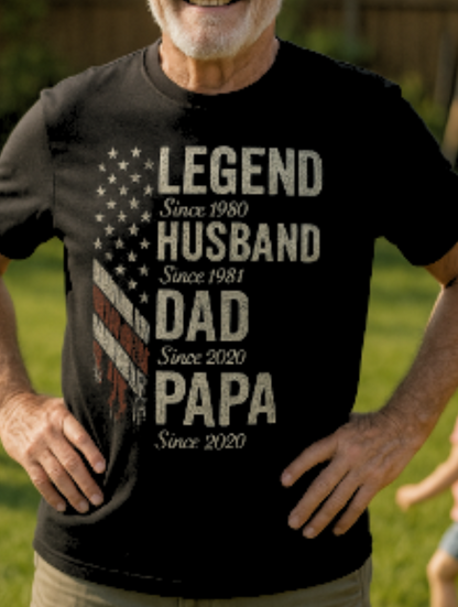 Legendary Husband Dad Papa Milestones American Flag Unisex T-Shirt | Perfect Gift for Proud Fathers & Grandpas