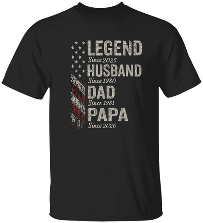 Legendary Husband Dad Papa Milestones American Flag Unisex T-Shirt | Perfect Gift for Proud Fathers & Grandpas